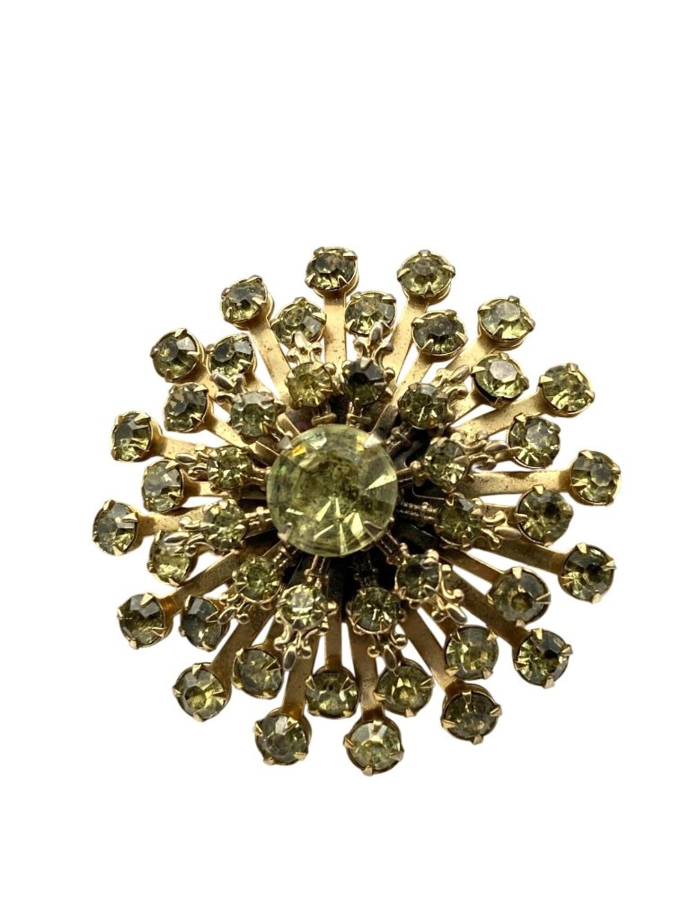 Vintage Dimensional Crystal Flower Brooch, Gold Tone Estate Riveted 3D Chaton